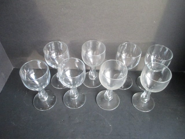 Eight Colorless Hand Blown Art Glass Wine Glasses - 2