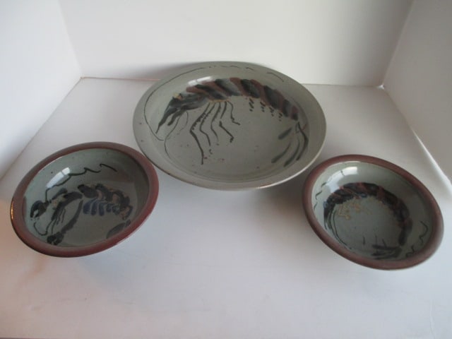 Handpainted "Shrimp" Motif Glazed Serving Bowls: (1)12 1/4"dia(tight hairline crack), (2)7 1/2" bowls 
