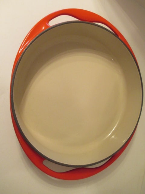 Le Creuset Cerise Enamel over Cast Iron Cake Pan/Pot Lid and Whtie Pie Bird Funnel in Original Box - 2