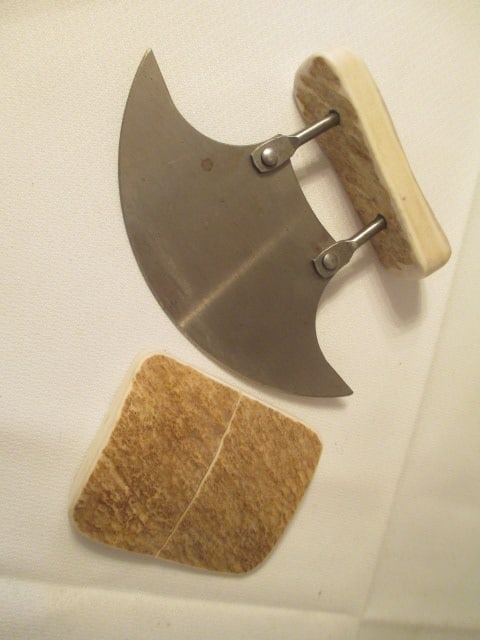 Two Alaskan Caribou Antler Ulu Knives with Stands - 2