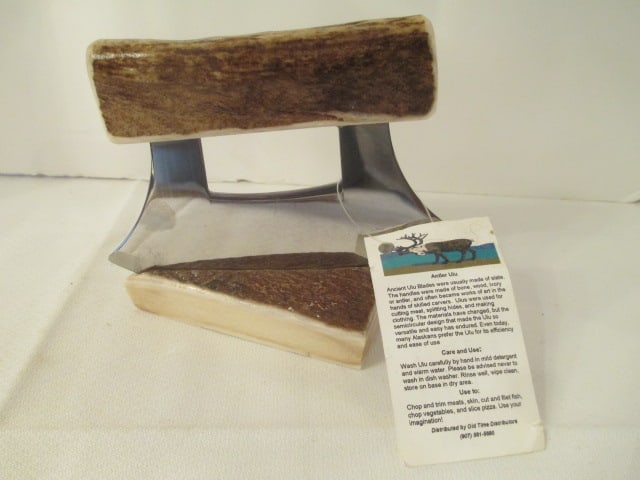 Two Alaskan Caribou Antler Ulu Knives with Stands - 6