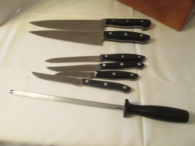 Henckels Wood Knife Block, Seven Knives, Clever and Hone Steel - 13