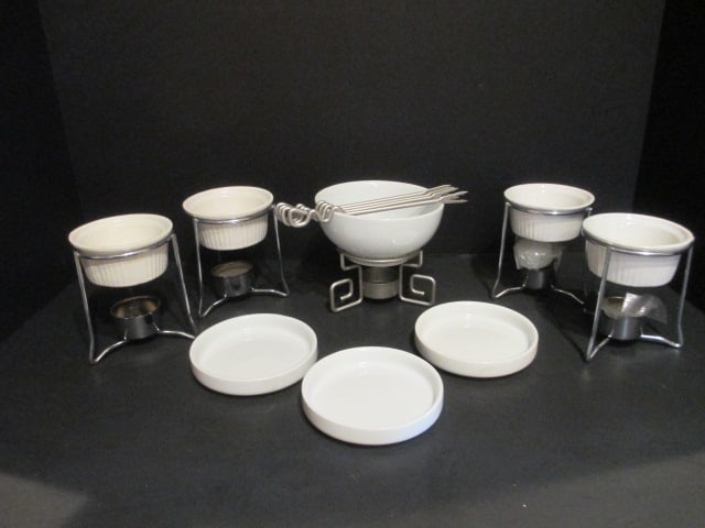 Four Butter/Sauce Ramekin Warming Stands, Three White Porcelain Sauce Dishes and: Warming Stand with Dipper Picks 