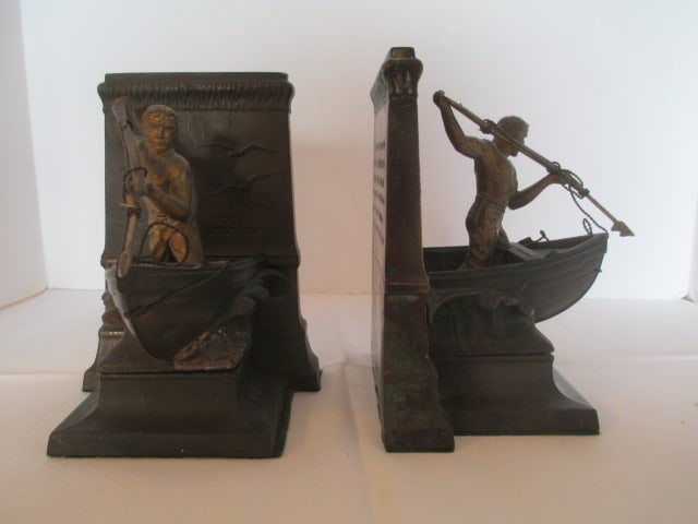 Pair of Vintage Bronze "A Dead Whale or a Stove Boat" Whaler Bookends - 2