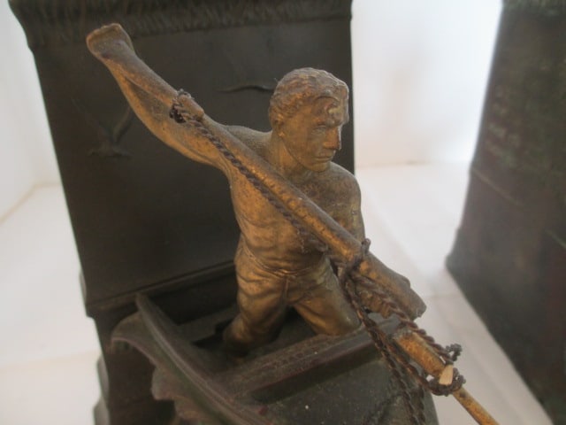 Pair of Vintage Bronze "A Dead Whale or a Stove Boat" Whaler Bookends - 3