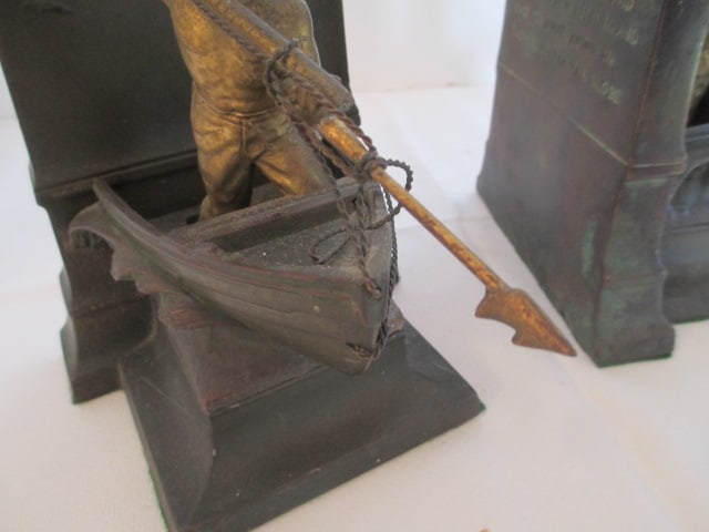 Pair of Vintage Bronze "A Dead Whale or a Stove Boat" Whaler Bookends - 4