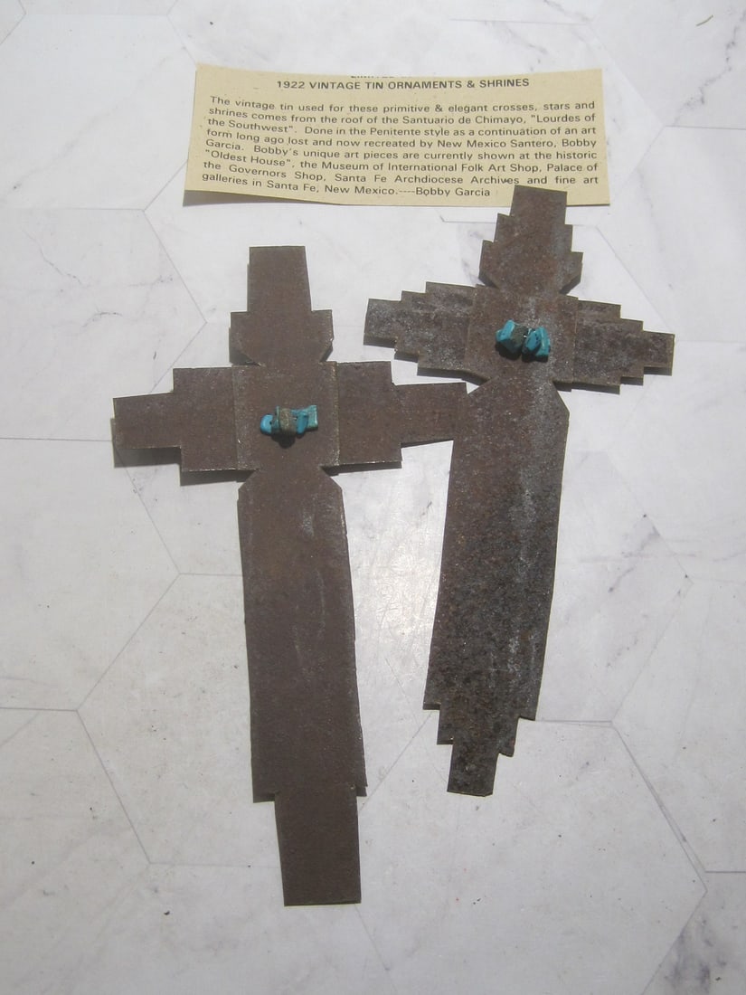 Lot of 2 Vintage Native American Tie Cross Ornaments or Shrines: 7" long, by Bobby Garcia, Turquoise trim