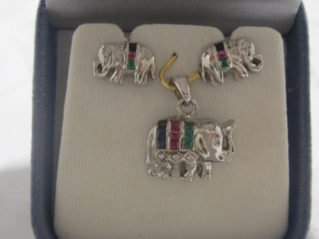 Sterling Silver Ruby, Sapphire, & Emerald Elephant Earrings & Pendant (1 of 4)