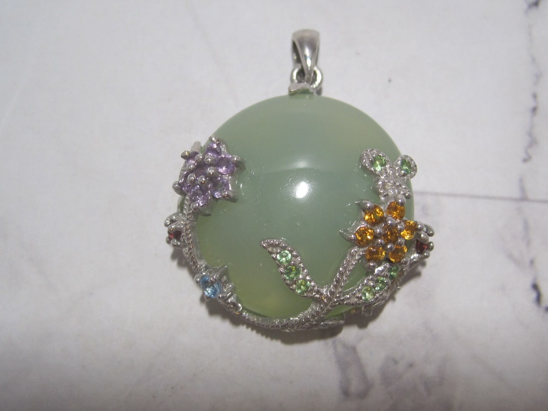 Sterling Silver Prehnite & Multi-Gem Pendant: . 