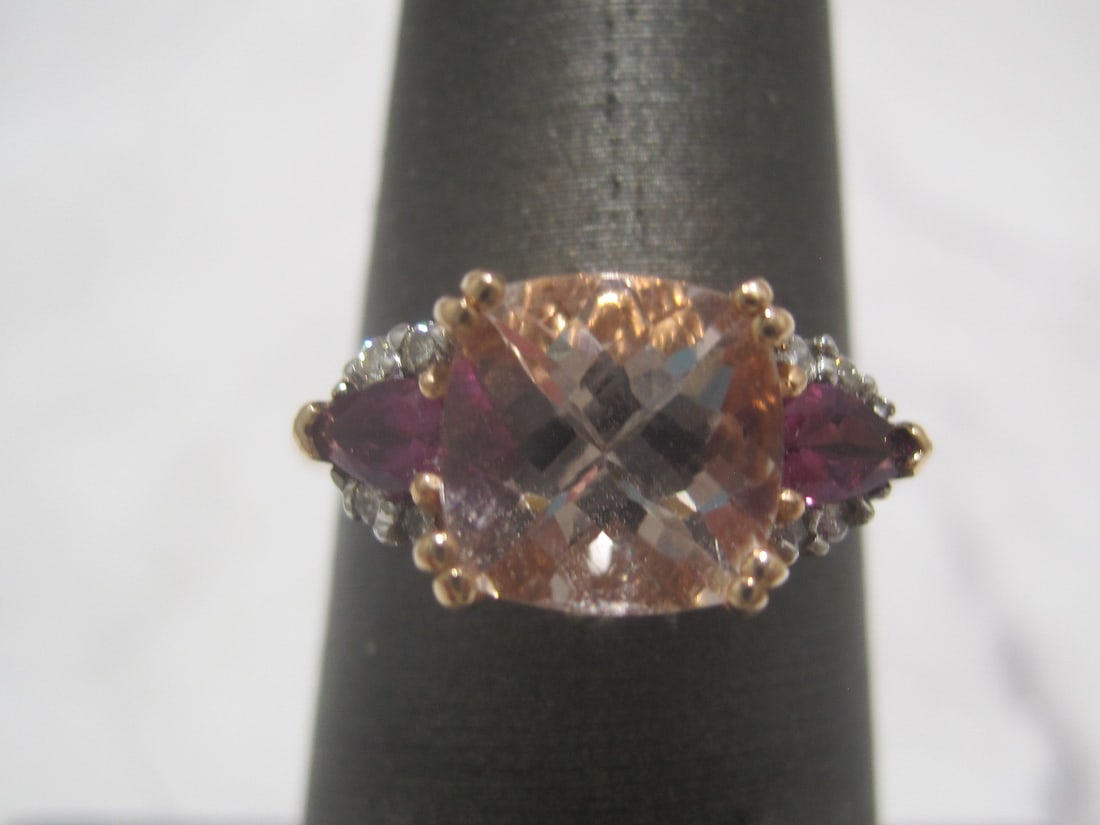 14k Gold Diamond, Morganite, Rhodalite, & Garnet Ring (1 of 5)