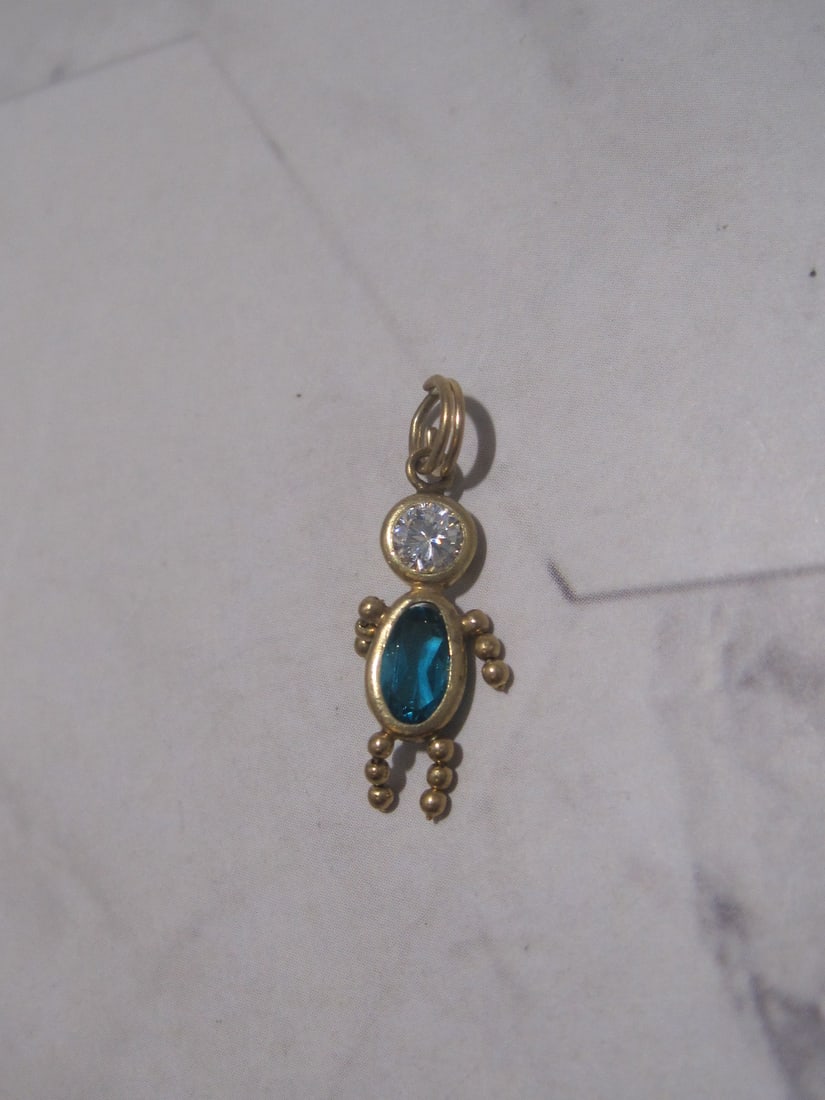 14k Gold Aqua Blue Topaz Figural Person Charm: Weighs 0.6 gram, 1", November birthstone 