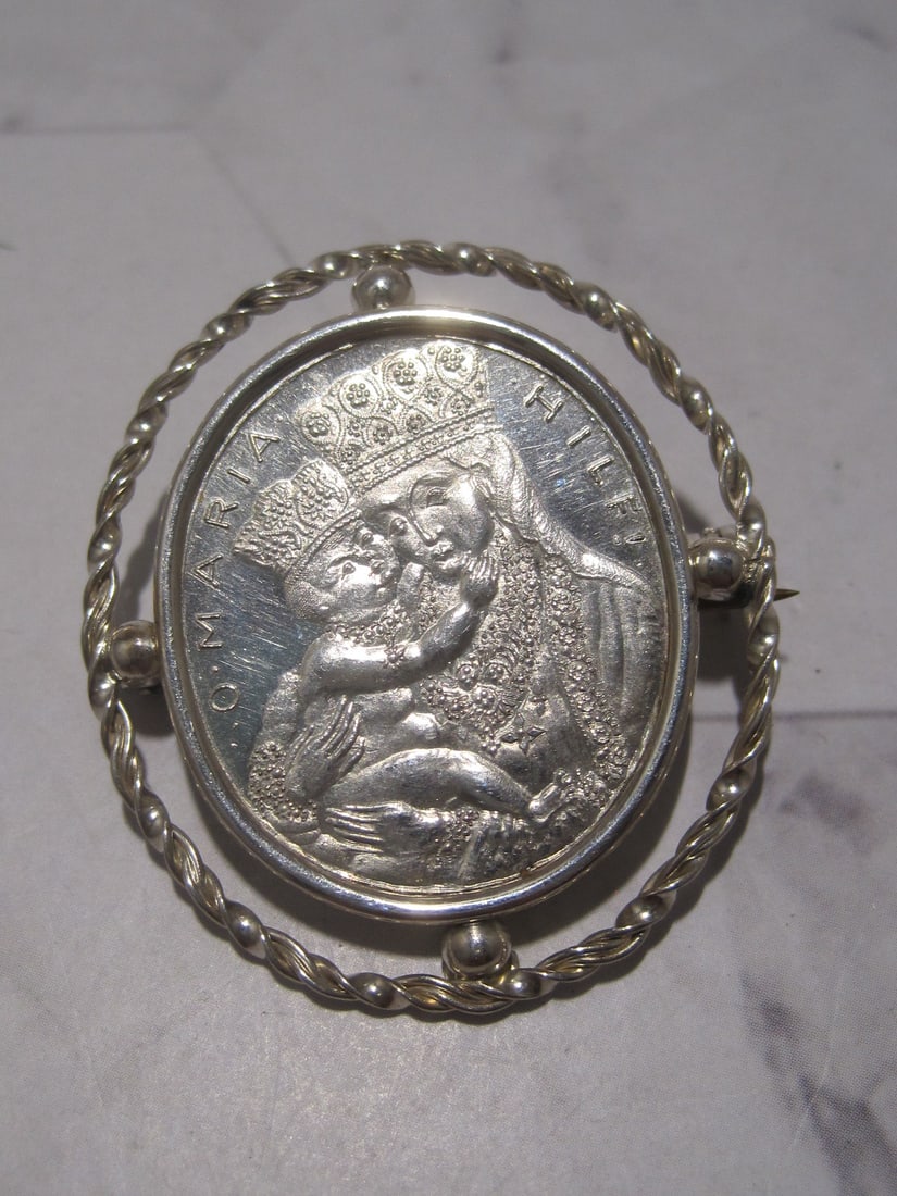 European Silver Religious Brooch: Weighs 9 grams, .835 fine silver, 'Maria'
