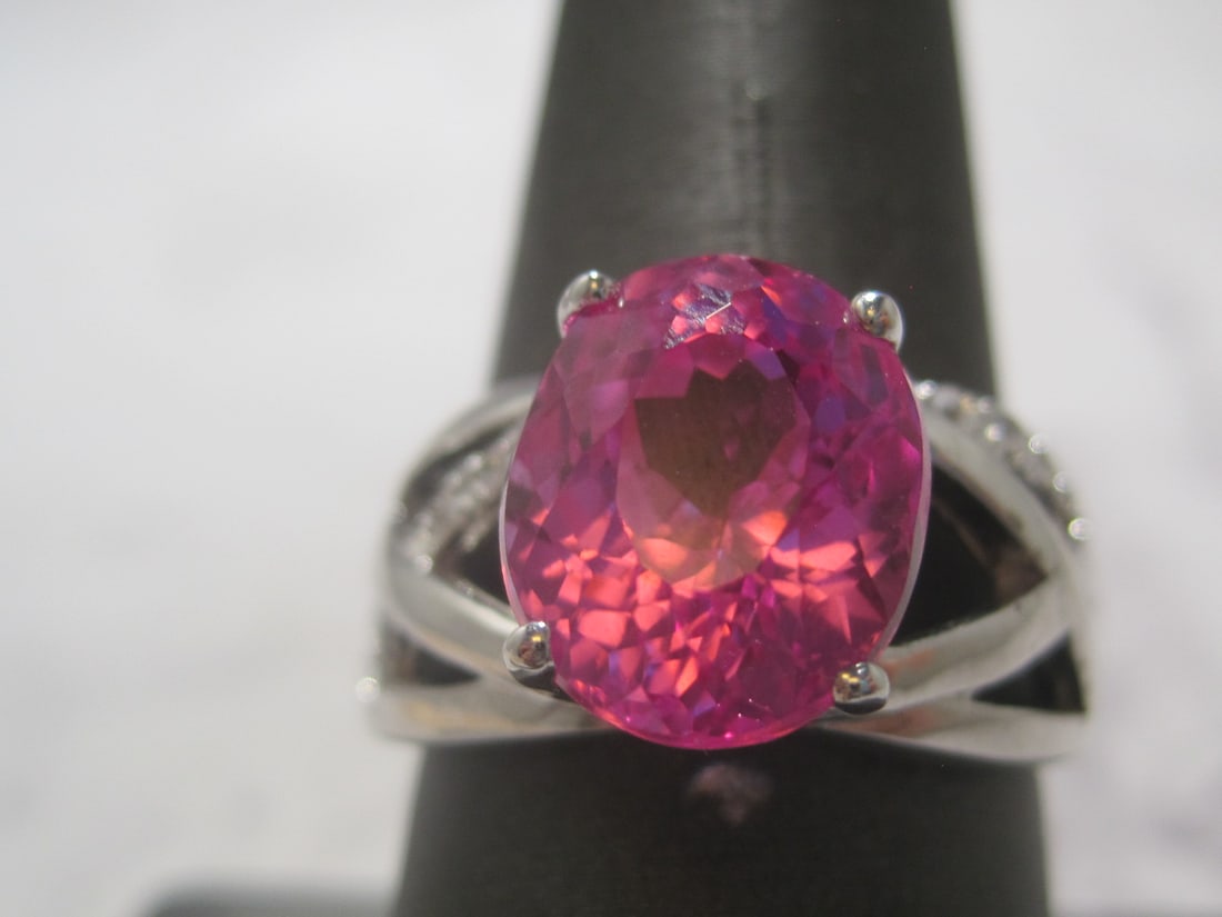 Sterling Silver "Pink Ice" Ring: Size 9, Large vivid oval stone in openwork setting
