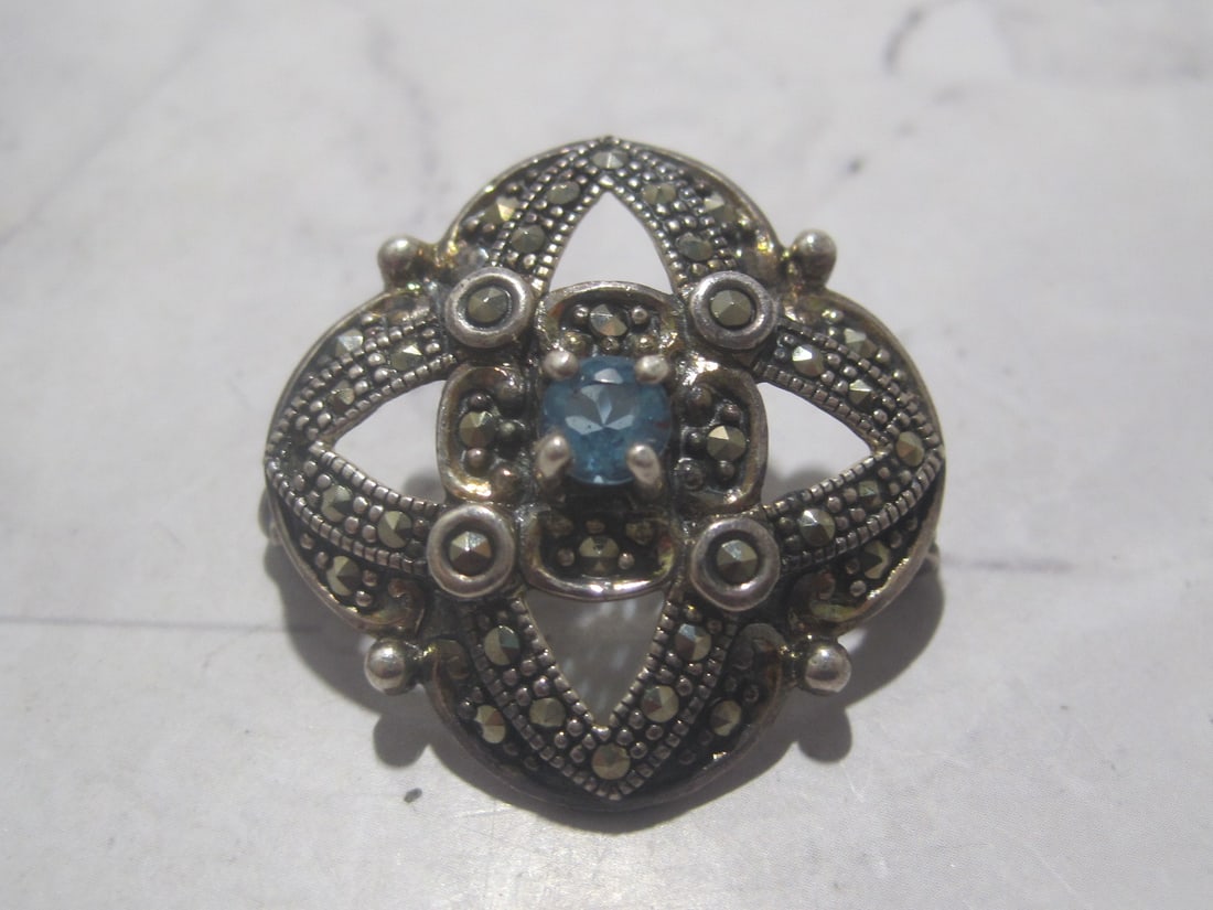Sterling Silver Vintage Blue Topaz Marcasite Brooch (1 of 5)