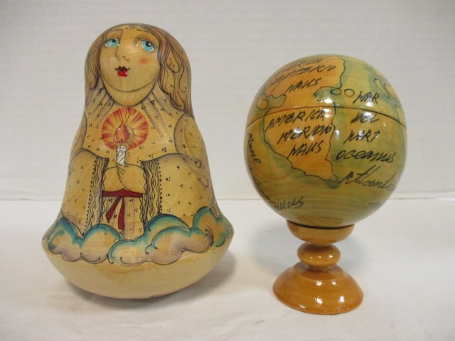 1996 Russian Roly-Poly Doll and Nesting Globe/Zodiac Set: Roly-Poly Angel 5"h, 4 Piece Globe Nesting Set 4 1/2"h 