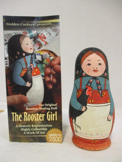 2002 Ltd. Ed. "The Rooster Girl" Reproduction Nesting Doll: 6 1/2"h, 6 Piece Historic Reproduction "The Rooster Girl" Russian Nesting Doll No. 974/2500 Signed by artist on bottom 