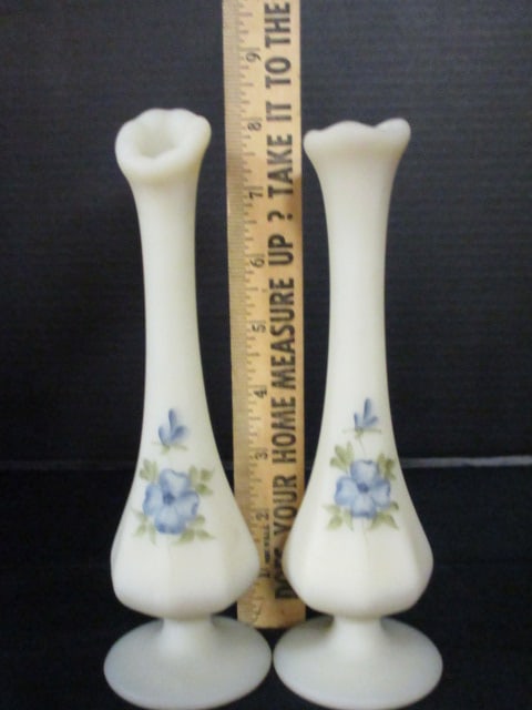 Pair of Fenton Signed Handpainted Satin Glass Footed Vases - 13