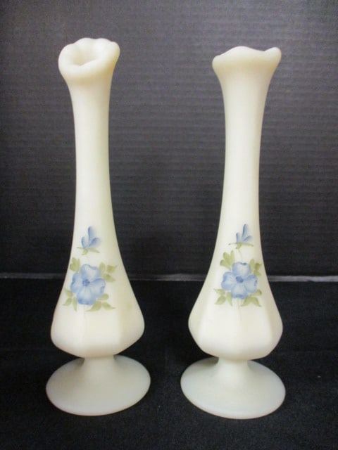 Pair of Fenton Signed Handpainted Satin Glass Footed Vases (1 of 14)