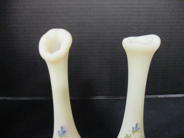 Pair of Fenton Signed Handpainted Satin Glass Footed Vases - 2
