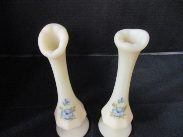 Pair of Fenton Signed Handpainted Satin Glass Footed Vases - 3