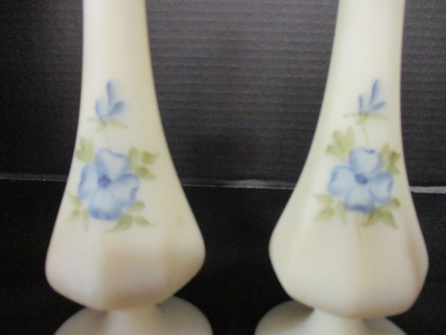 Pair of Fenton Signed Handpainted Satin Glass Footed Vases - 4