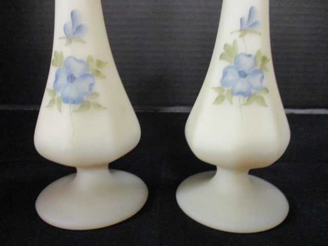Pair of Fenton Signed Handpainted Satin Glass Footed Vases - 5