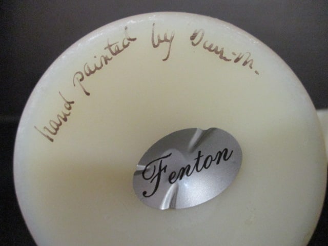 Pair of Fenton Signed Handpainted Satin Glass Footed Vases - 8