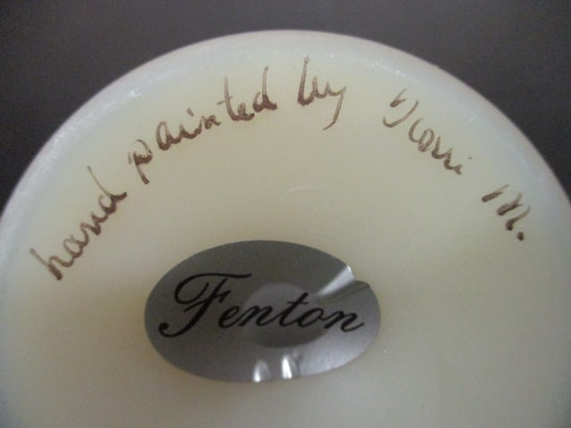 Pair of Fenton Signed Handpainted Satin Glass Footed Vases - 9