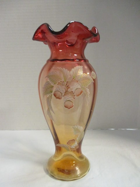 Ltd. Ed. Fenton Signed Handpainted Amberina Vase: 10 3/4"h, Limited Edition #1315/2500 signed hand painted by S. Massey, has silver foil Fenton sticker and Fenton oval in relief on bottom