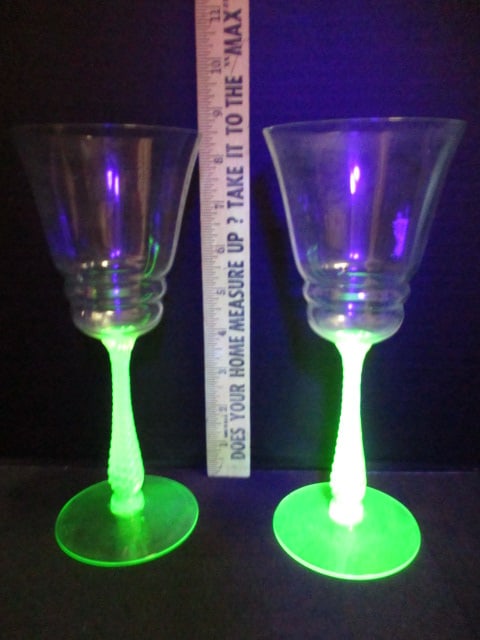 Pair of Green Depression Uranium/Vaseline Glass Wine Stems - 10
