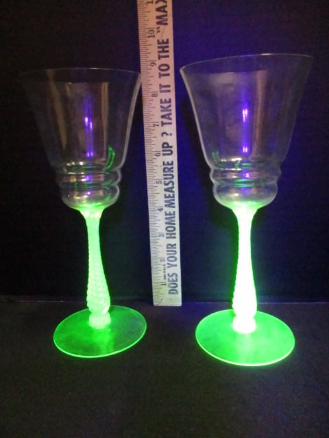Pair of Green Depression Uranium/Vaseline Glass Wine Stems - 11