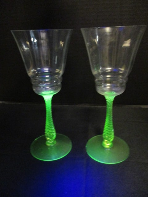 Pair of Green Depression Uranium/Vaseline Glass Wine Stems (1 of 12)