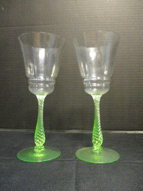 Pair of Green Depression Uranium/Vaseline Glass Wine Stems - 2