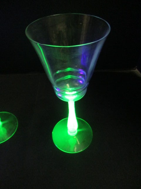 Pair of Green Depression Uranium/Vaseline Glass Wine Stems - 7