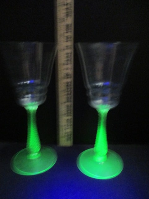 Pair of Green Depression Uranium/Vaseline Glass Wine Stems - 9