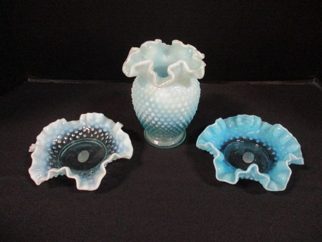 Fenton Blue Opalescent Hobnail Ruffle Vase and Dishes (1 of 15)