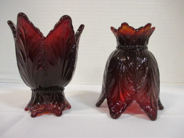 Pair of Fenton Ruby Red Leaf Candle/Votive Holders: 4 1/4"h, has silver foil Fenton sticker, Holders can be used as votive candle or stick candle holders
