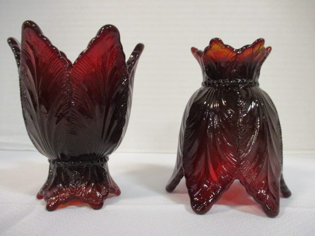 Pair of Fenton Ruby Red Leaf Candle/Votive Holders - 2