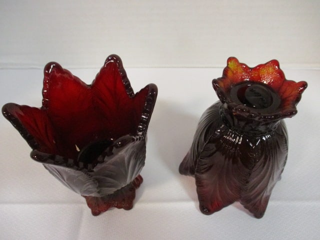 Pair of Fenton Ruby Red Leaf Candle/Votive Holders - 3