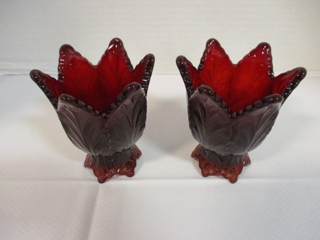 Pair of Fenton Ruby Red Leaf Candle/Votive Holders - 4