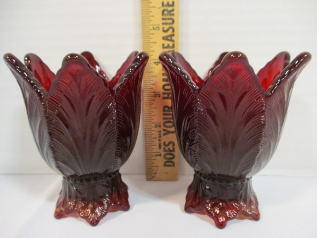 Pair of Fenton Ruby Red Leaf Candle/Votive Holders - 8