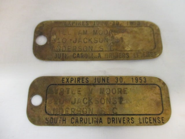 Two 1953 Brass South Carolina Driver License Tags: . 