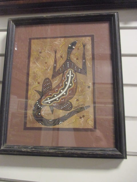Wiradturi Signed Aboriginal Goanna Lizard Artwork: Framed and mounted 11" x 13 1/4" 