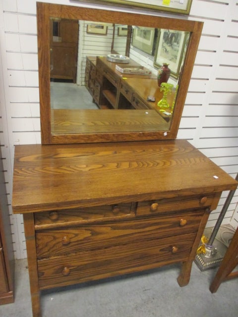 Antique Oak Vanity and Beveled Wall Mirror (1 of 9)