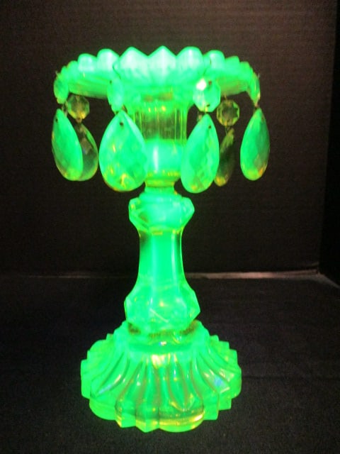 Yellow Uranium/Vaseline Glass Candle Stick with Prisms (1 of 6)