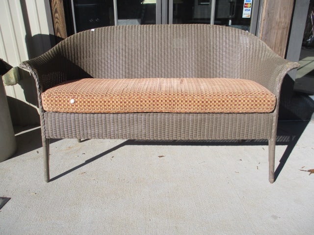 Painted Brown Woven Love Seat with Removable Cushion: 57" long, some paint scuffs, Local Pickup Only