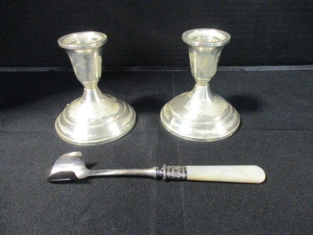 Pair of Weighted Sterling Towle Candle Holders and Cheese Scoop (1 of 10)