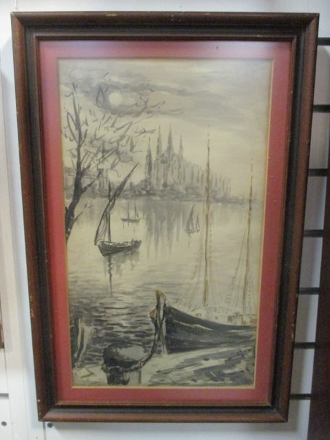 Framed and Matted Original Harbor Cityscape Watercolor (1 of 6)