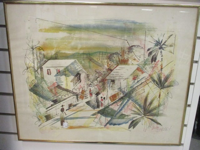 Bermuda Street Scene Print of Watercolor by Birdsey: Framed 23" x 18 1/2" 