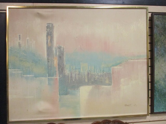 Scott. C Signed Original Abstract Cityscape Canvas Artwork: 50 1/4" x 40", canvas has creases, Local Pickup Only 